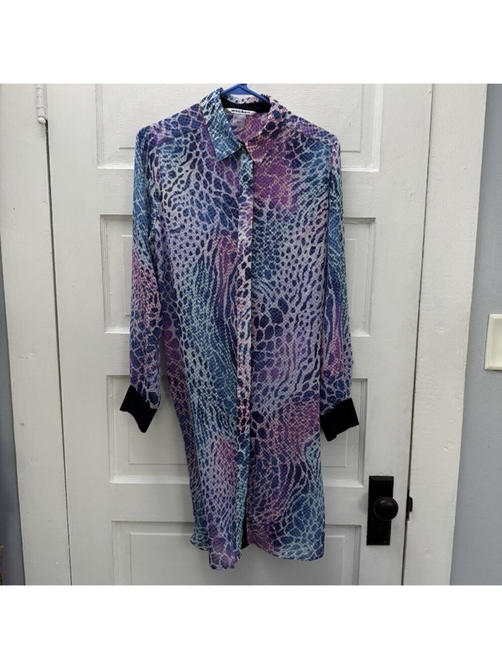 Nygård Animal Print Cover Up Tunic Shirt Purple Blue Open Back Small
